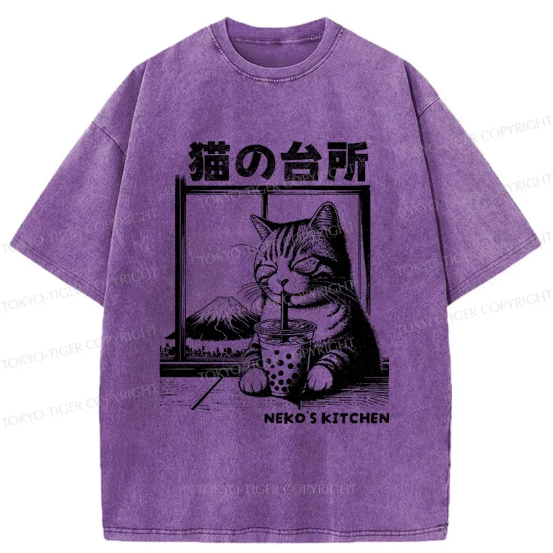 Tokyo-Tiger Cat Drinking Milk Tea Washed T-Shirt