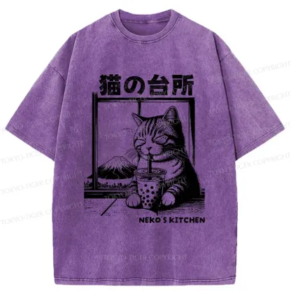 Tokyo-Tiger Cat Drinking Milk Tea Washed T-Shirt