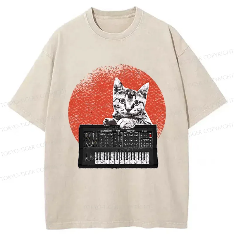Tokyo-Tiger Cat And Analog Synthesizer Washed T-Shirt