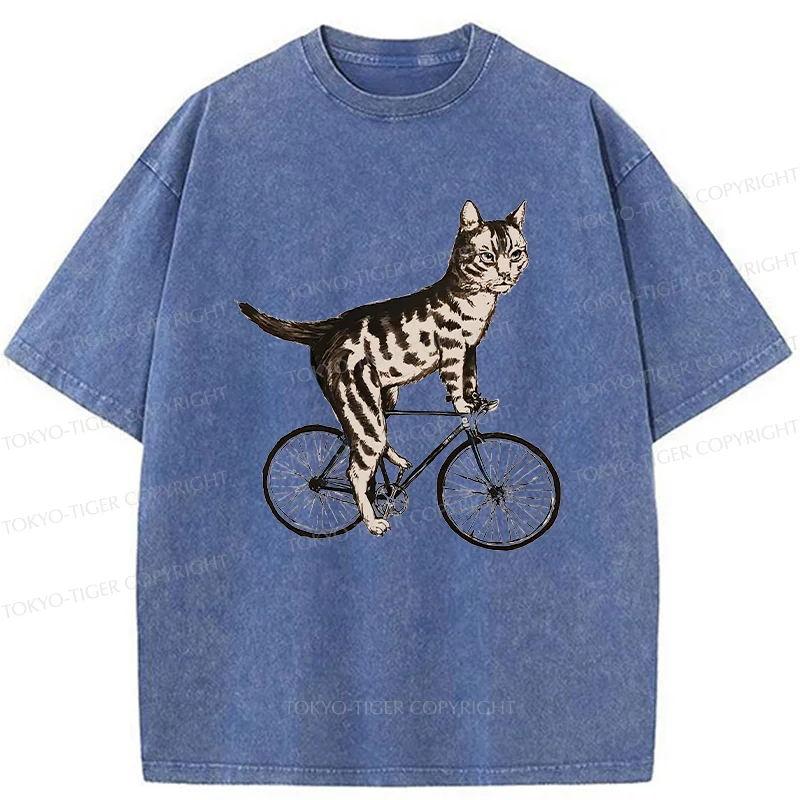 Tokyo-Tiger Cat Riding A Bicycle Washed T-Shirt