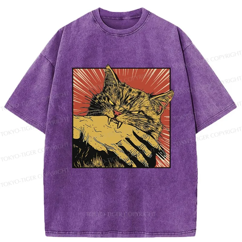 Tokyo-Tiger Cat Bites Hand Japanese Washed T-Shirt