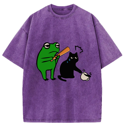 Tokyo-Tiger Funny Frog Hit The Cat Washed T-Shirt