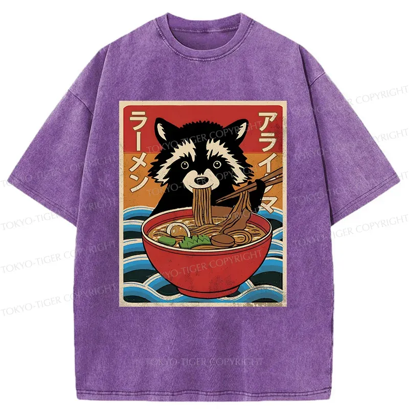 Tokyo-Tiger Raccoon Eating Ramen Washed T-Shirt