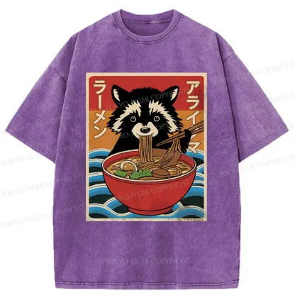 Tokyo-Tiger Raccoon Eating Ramen Washed T-Shirt
