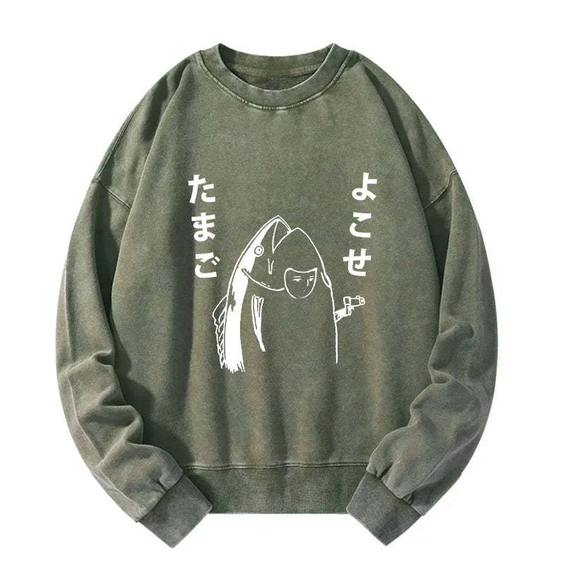 Tokyo-Tiger Japanese Fish Hold Up White Washed Sweatshirt