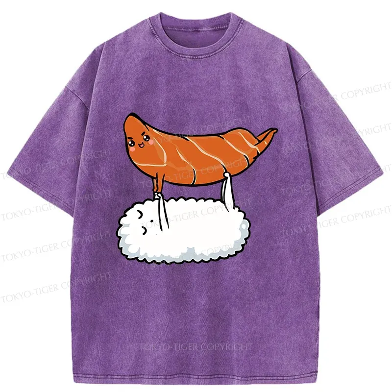 Tokyo-Tiger Sushi Doing Yoga Washed T-Shirt