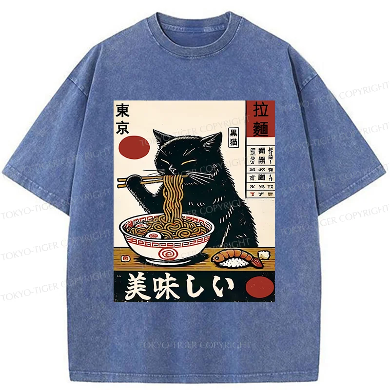 Tokyo-Tiger Black Cat Eating Japanese Ramen Washed T-Shirt