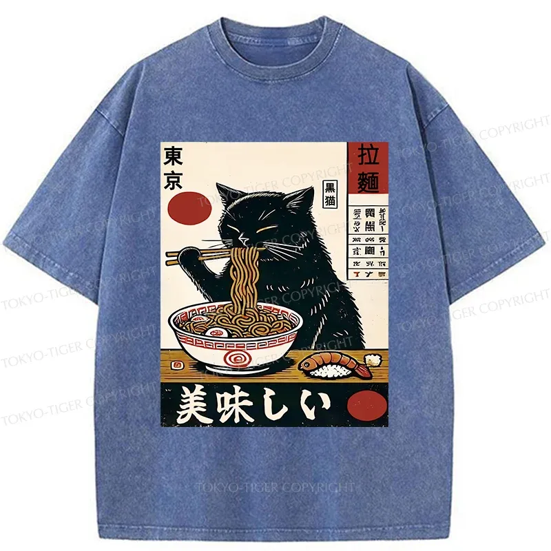 Tokyo-Tiger Black Cat Eating Japanese Ramen Washed T-Shirt