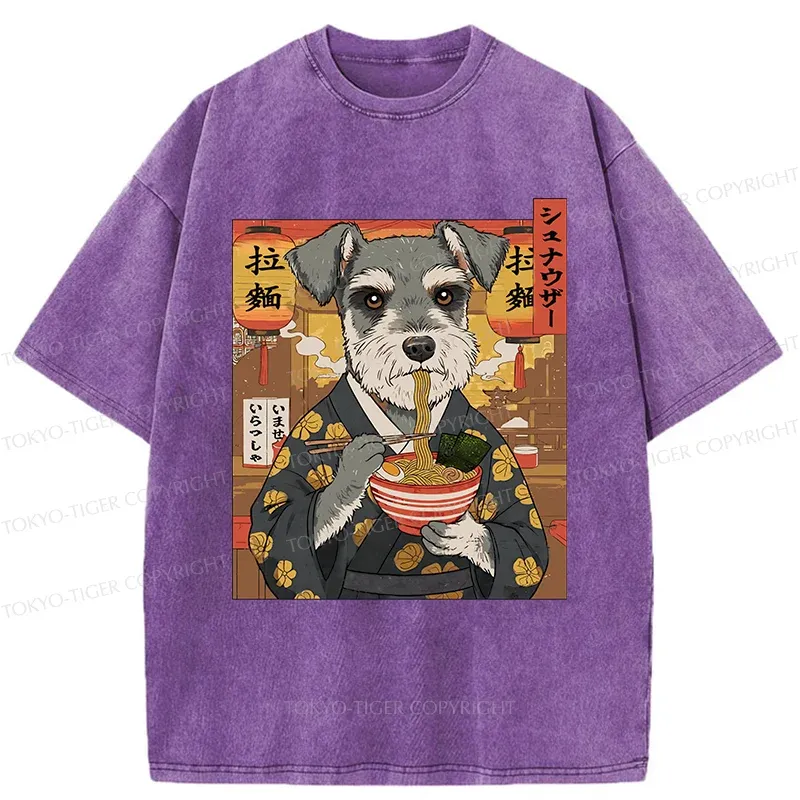 Tokyo-Tiger Schnauzer Eating Ramen Washed T-Shirt