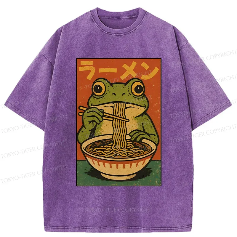 Tokyo-Tiger Frog Eating Ramen Retro Washed T-Shirt
