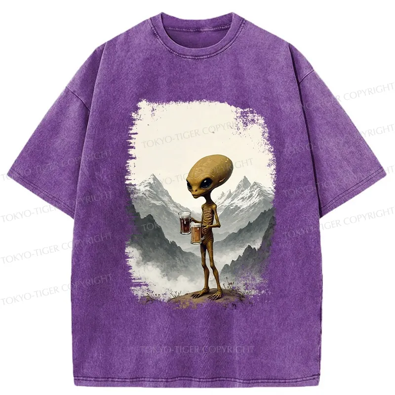 Tokyo-Tiger Alien With Beer Funny Washed T-Shirt