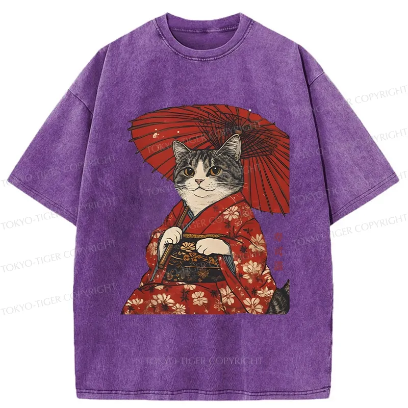 Tokyo-Tiger Japanese Cat Holding An Umbrella Washed T-Shirt