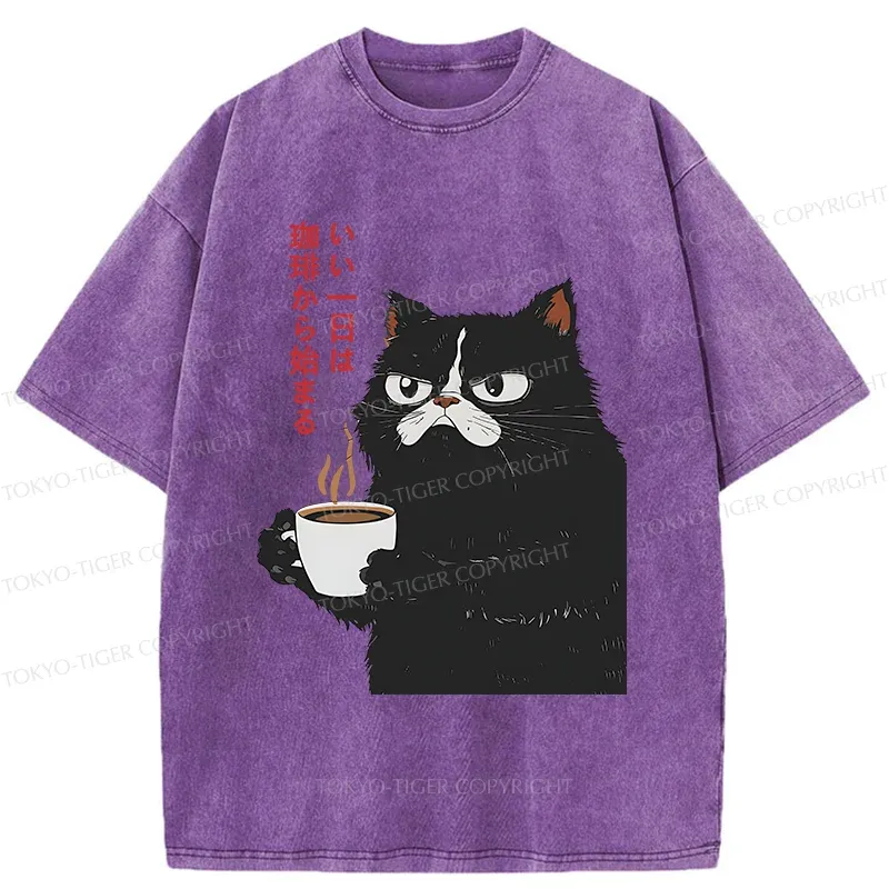 Tokyo-Tiger Black Cat Drinking Coffee Washed T-Shirt