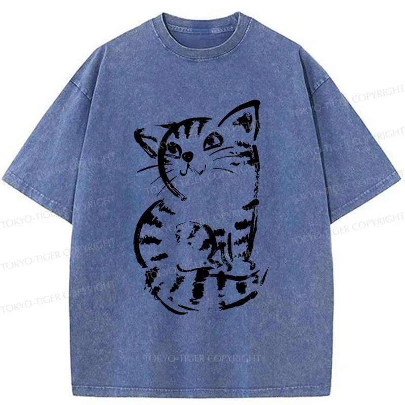 Tokyo-Tiger Retro Japanese Cat Washed T-Shirt