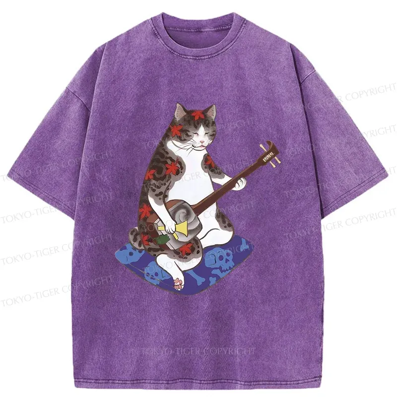 Tokyo-Tiger Cat Playing Shamisen Washed T-Shirt
