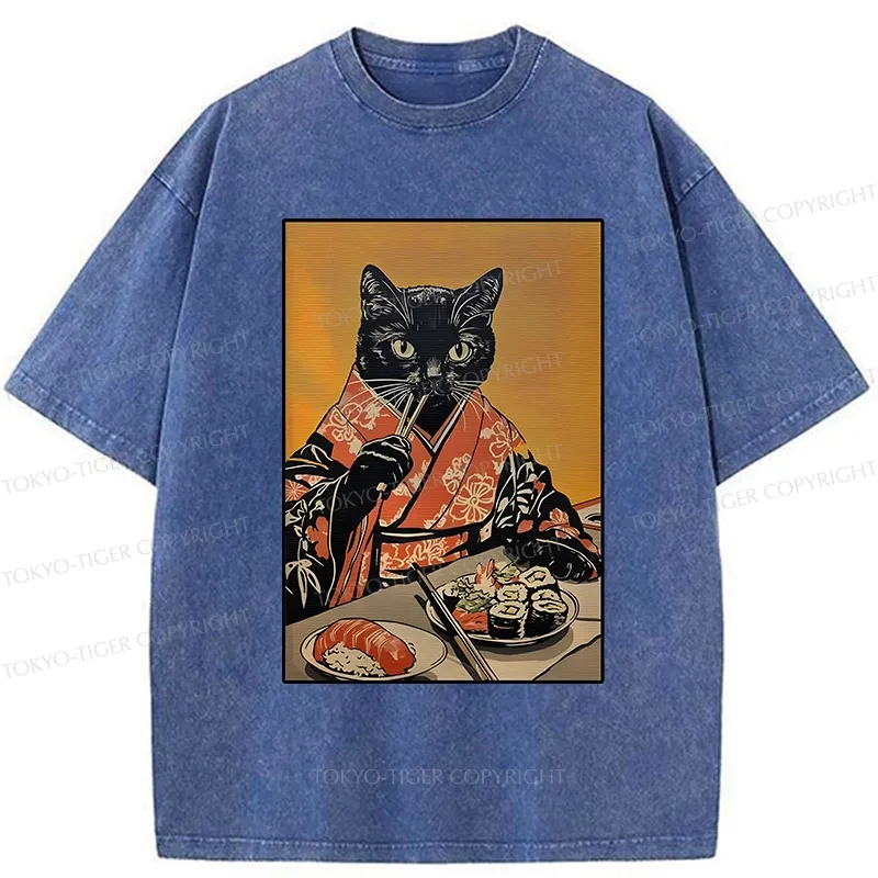 Tokyo-Tiger Sushi Lover Black Cat Washed T-Shirt