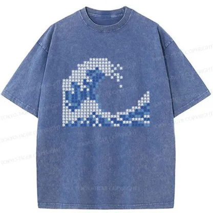 Tokyo-Tiger Ukiyo-e Waves Kanji Washed T-Shirt