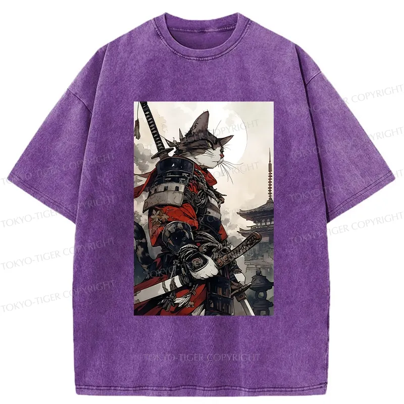Tokyo-Tiger Majestic Samurai Cat Washed T-Shirt