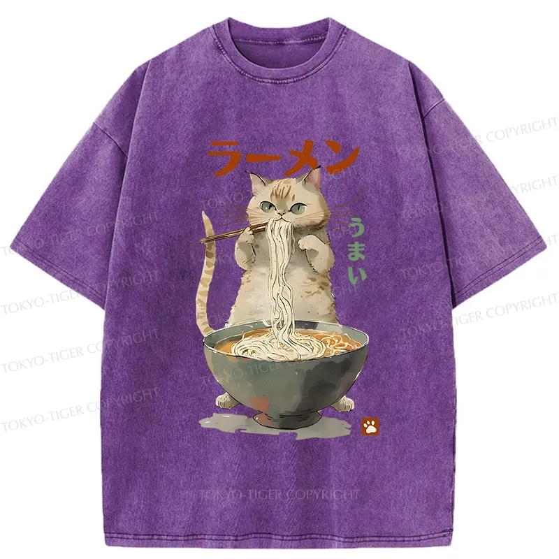Tokyo-Tiger Cute Cat Eating Yummy Ramen Washed T-Shirt