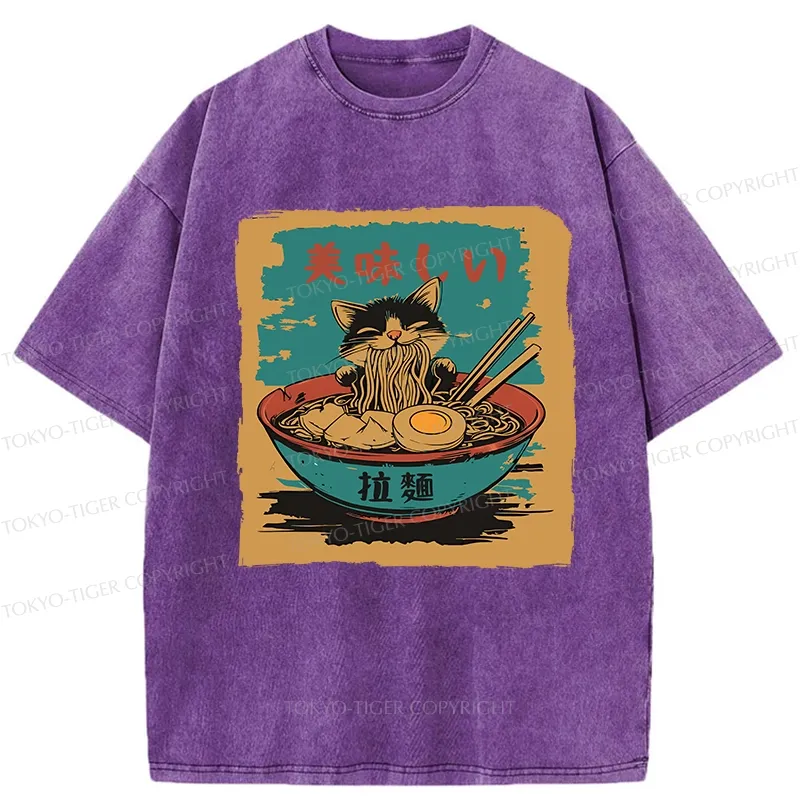 Tokyo-Tiger Kitten Eating Ramen Washed T-Shirt