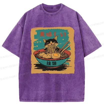 Tokyo-Tiger Kitten Eating Ramen Washed T-Shirt