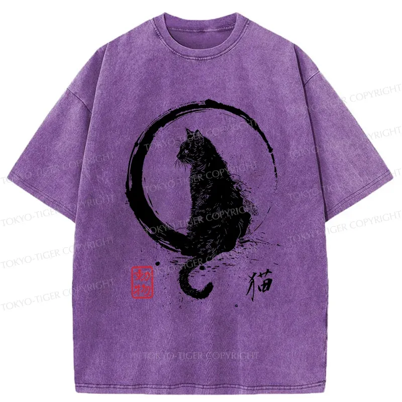 Tokyo-Tiger Retro Japanese Black Cat Washed T-Shirt