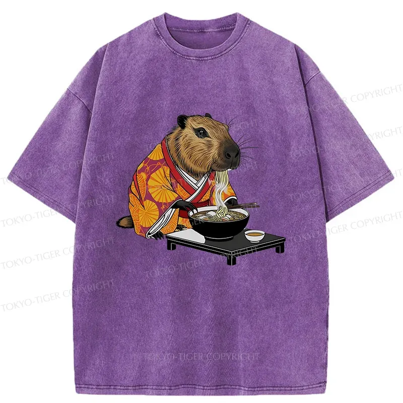 Tokyo-Tiger Cute Capybara Eating Ramen Washed T-Shirt