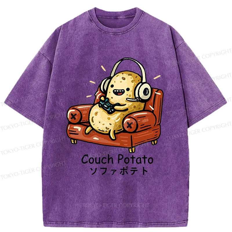 Tokyo-Tiger Funny Lazy Potato Washed T-Shirt