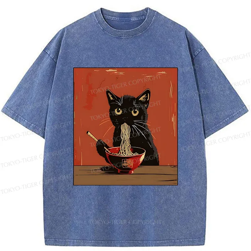 Tokyo-Tiger Japanese Black Cat Eating Ramen Washed T-Shirt