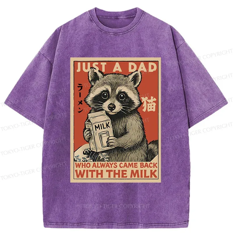 Tokyo-Tiger Cute Raccoon Holding Milk Washed T-Shirt