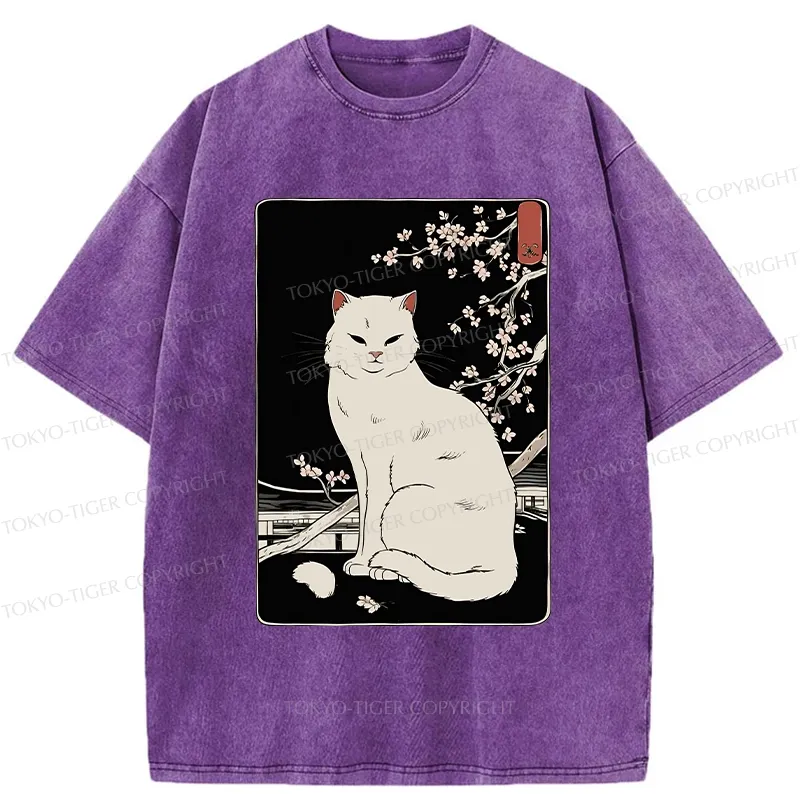Tokyo-Tiger Cat Under The Sakura Washed T-Shirt