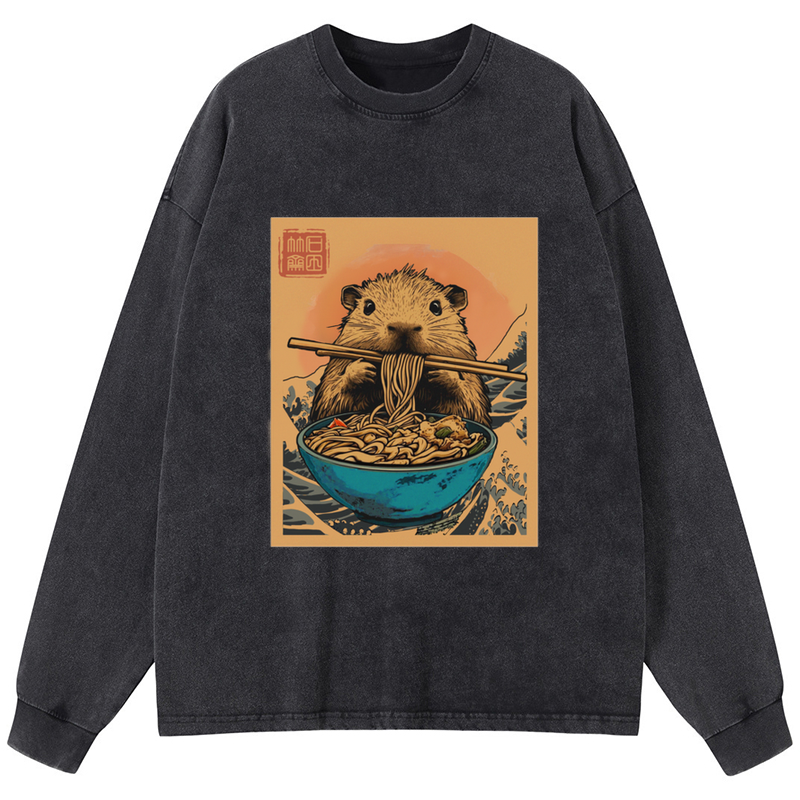Tokyo-Tiger Opossum Eats Ramen Washed Long Sleeve T-Shirt