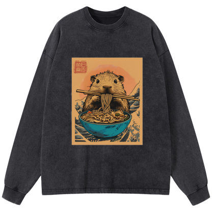 Tokyo-Tiger Opossum Eats Ramen Washed Long Sleeve T-Shirt