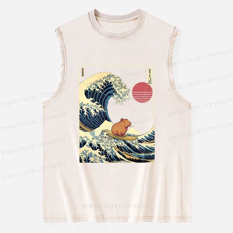 Tokyo-Tiger Capybara Surfing Washed Tank