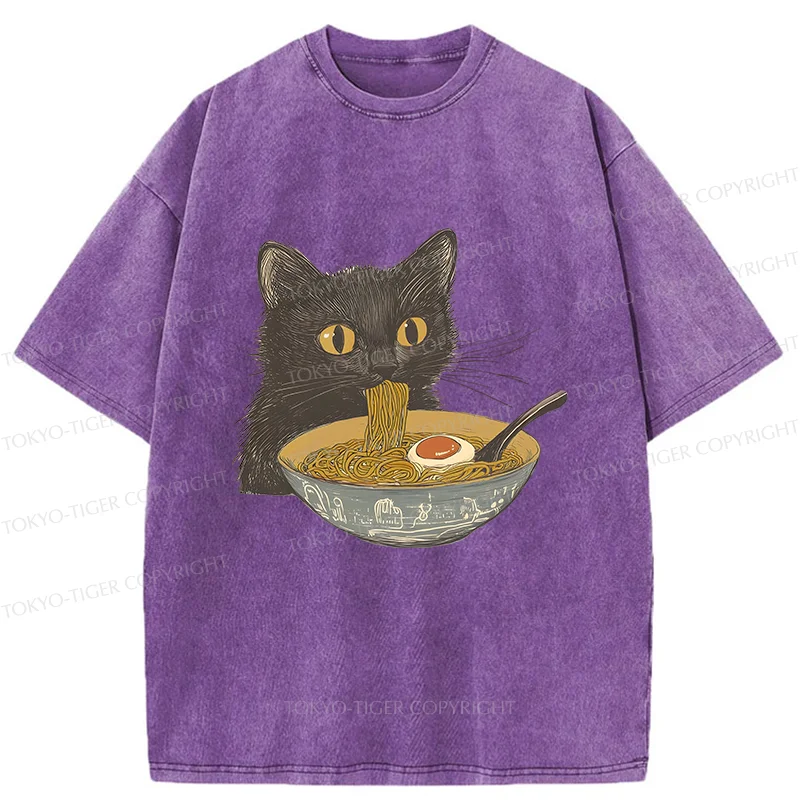 Tokyo-Tiger Cat Eating Tonkotsu Ramen Washed T-Shirt