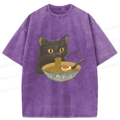 Tokyo-Tiger Cat Eating Tonkotsu Ramen Washed T-Shirt