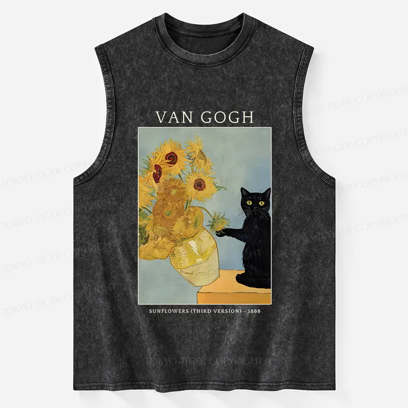 Tokyo-Tiger Black Cat With Sunflowers Washed Tank