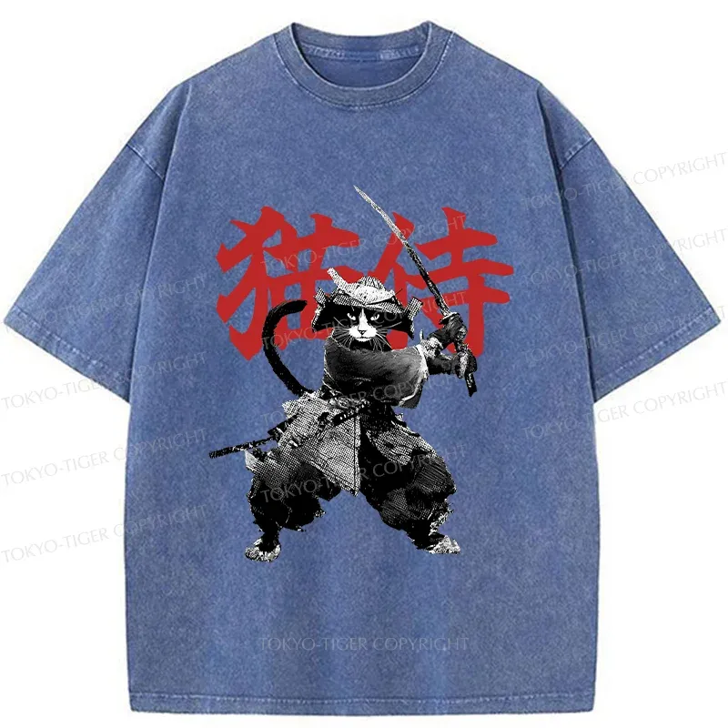 Tokyo-Tiger Black Cat Samurai Washed T-Shirt