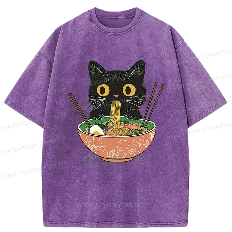 Tokyo-Tiger Black Cat Steals Ramen Washed T-Shirt
