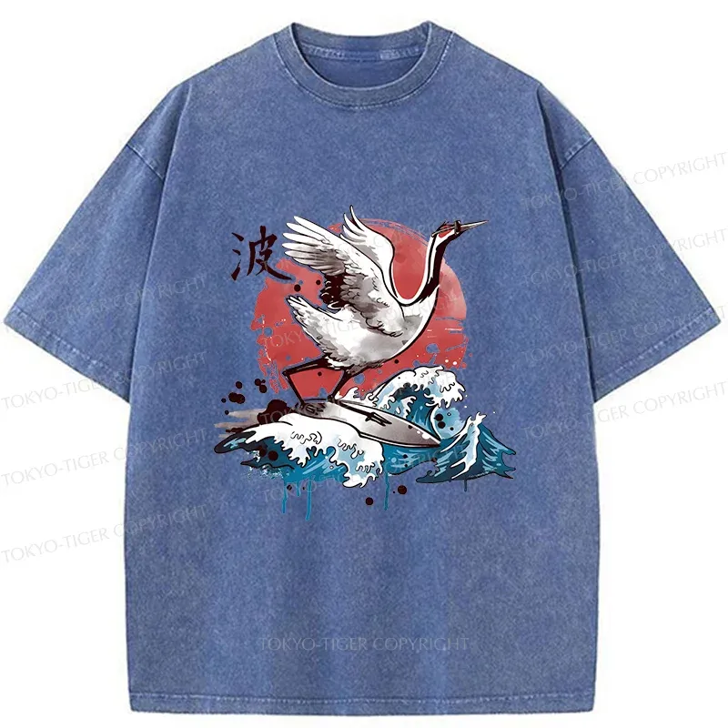 Tokyo-Tiger Crane Surfing Washed T-Shirt