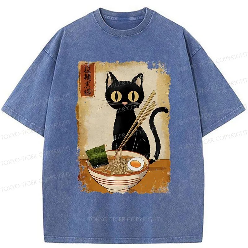 Tokyo-Tiger Cat Eating Ramen Retro Washed T-Shirt