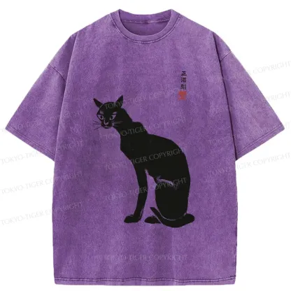 Tokyo-Tiger Slender Black Cat Washed T-Shirt