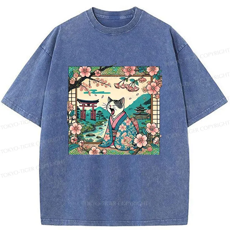 Tokyo-Tiger Yawning Cat Washed T-Shirt