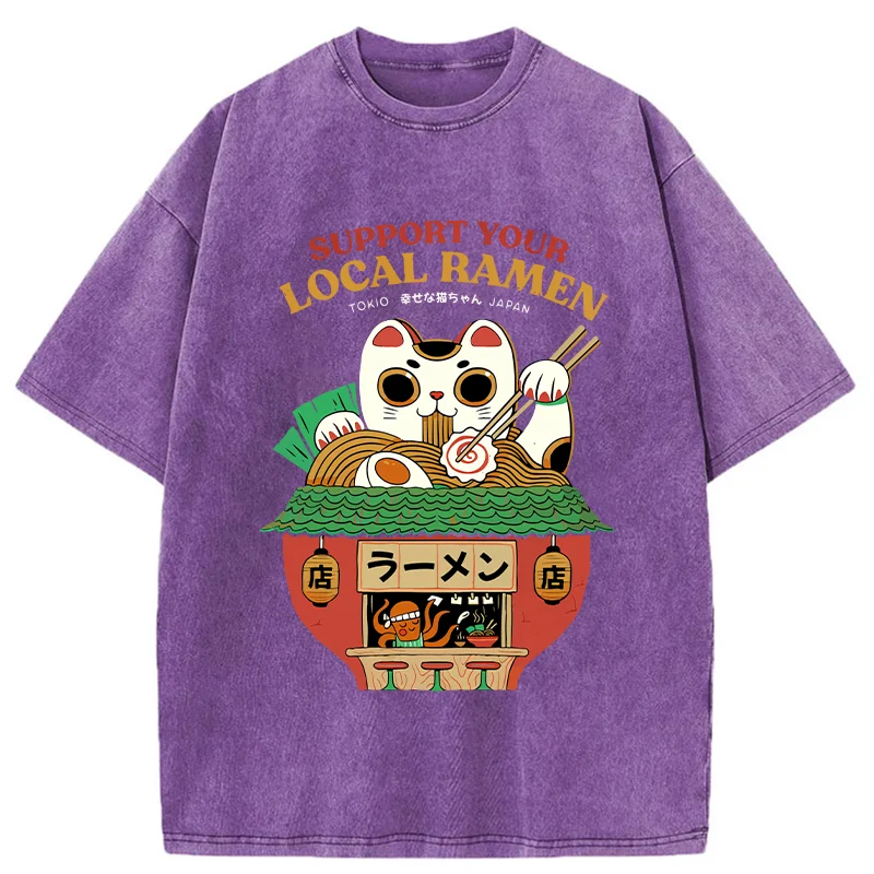 Tokyo-Tiger Lucky Cat Eating Ramen Mic Washed T-Shirt