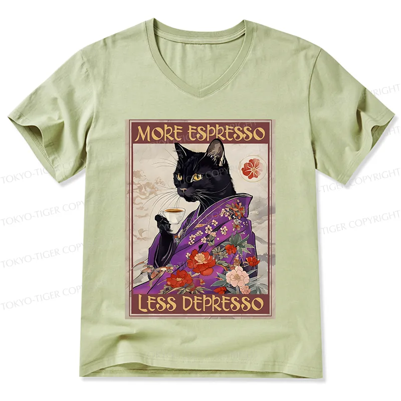 Tokyo-Tiger Japanese Cat Drinking Coffee V-Neck Classic T-Shirt