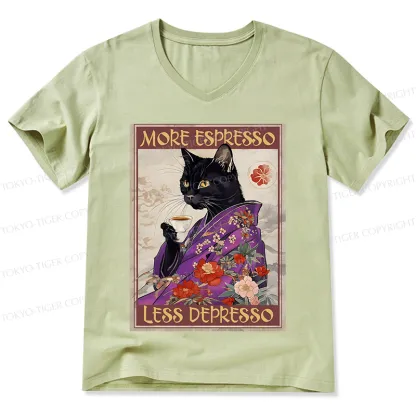 Tokyo-Tiger Japanese Cat Drinking Coffee V-Neck Classic T-Shirt