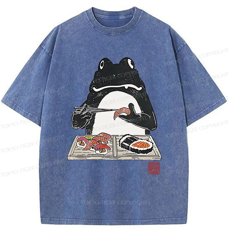 Tokyo-Tiger Frog Eating Sushi Washed T-Shirt