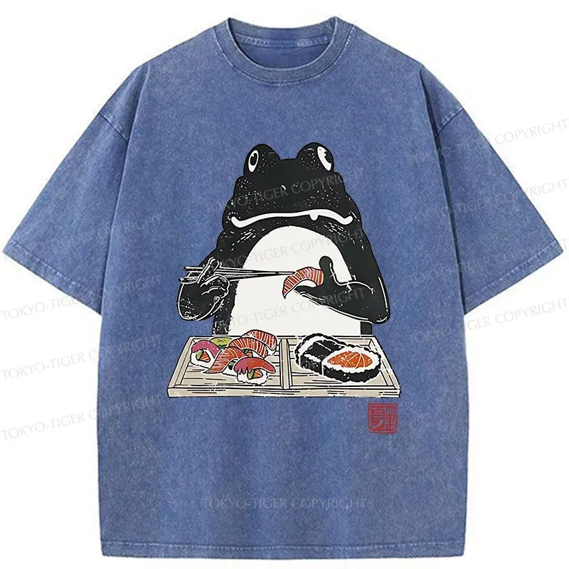 Tokyo-Tiger Frog Eating Sushi Washed T-Shirt