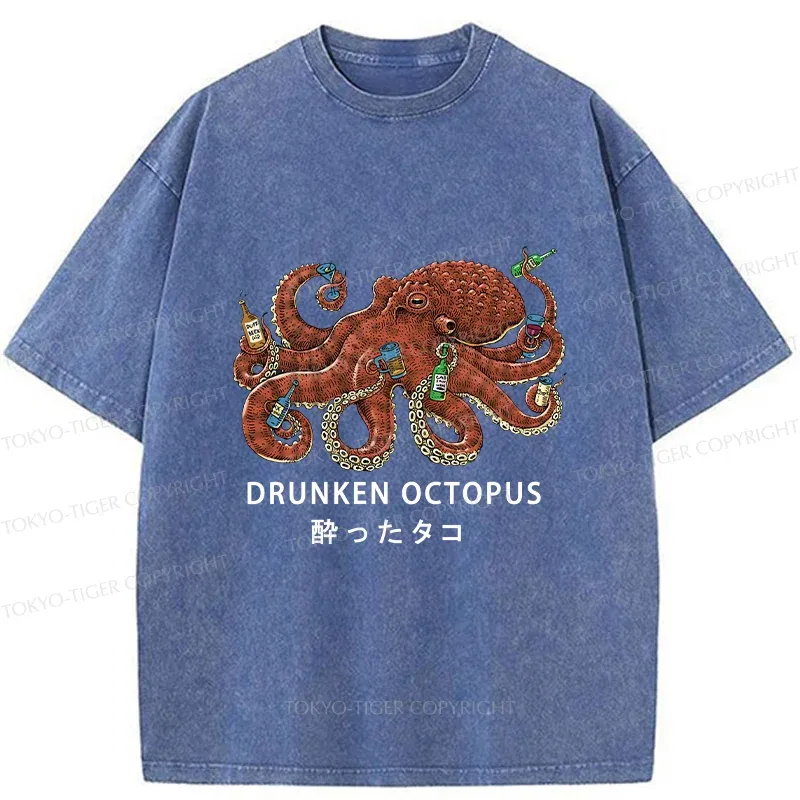 Tokyo-Tiger Drinking Octopus Washed T-Shirt