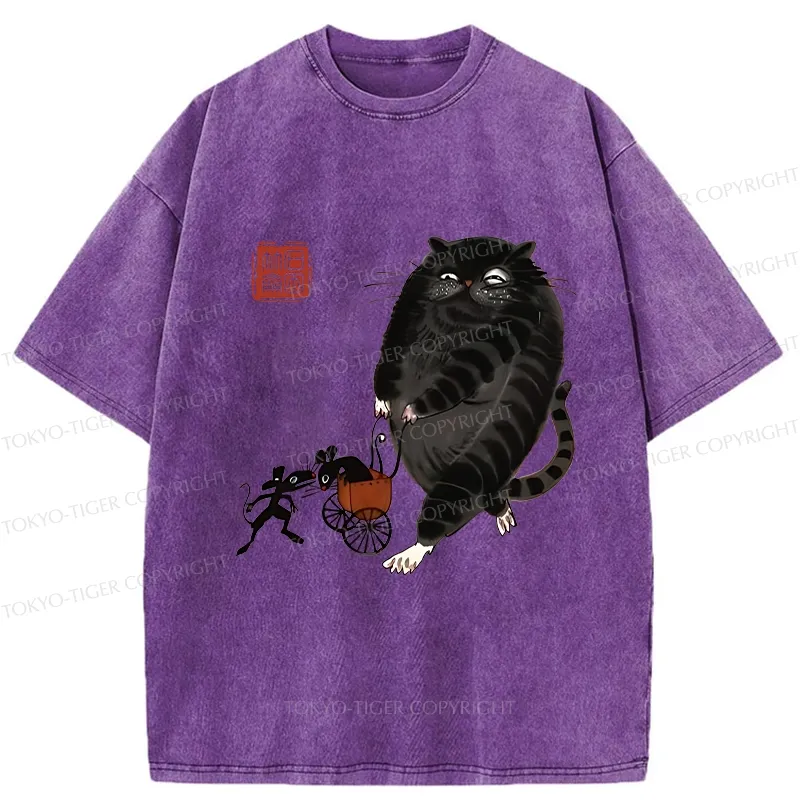 Tokyo-Tiger Funny Cat Pushing Mouse In Cart Washed T-Shirt